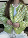 Women Daisy Floral Jacquard Knit Cardigan Loose Round Neck Long Sleeve Button Up Sweater Casual Autumn Winter Outerwear Jacket