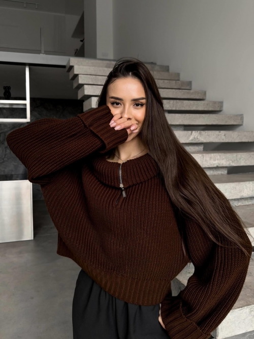Women's Autumn Winter Loose Half Zipper Lapel Knit Sweater Cotton Blend Solid Color Ribbed Long Sleeve Pullover Knitwear Casual Top