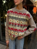 Women's Casual Cotton Blend Round Neck Pullover Sweater Vintage Jacquard Heart Floral Pattern Loose Knitwear Top For Autumn Winter Lady