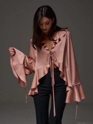 Elegant Women's Satin Ruffle V-Neck Blouse Silky Champagne Pink Tie Front Shirt With Flare Bell Sleeves Loose Fit Casual Streetwear Top For Party Daily