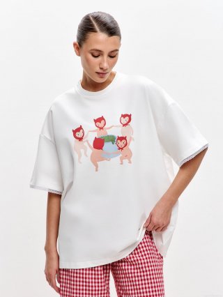 Women's Loose Casual Cotton Blend Short Sleeve T-Shirt Featuring Cartoon Character Print Round Neck Breathable Summer Streetwear Top With Lace Patchwork Sleeves For Women