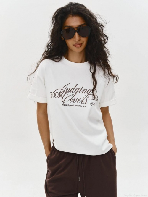 Women's Casual Letter Print 95% Cotton Short Sleeve T-Shirt Loose Fit Round Neck White Summer Streetwear Graphic Tee Top