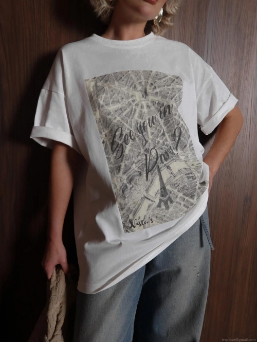 Women's Casual Cotton White T-Shirt See You In Paris Map Print Loose Fit Short Sleeve Round Neck Summer Streetwear Top