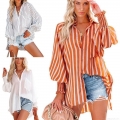 Women Striped Oversized Long Sleeve Blouse Casual Button Down Shirt For Beach Holiday Resort Lantern Sleeve Smocked Cuff Top Women Clothing