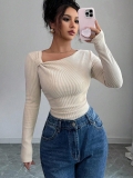 Women's Asymmetric Slant Neck Knit T-Shirt Slim Fit Long Sleeve Ribbed Twist Knot Top Elegant Commuting Solid Color Tee