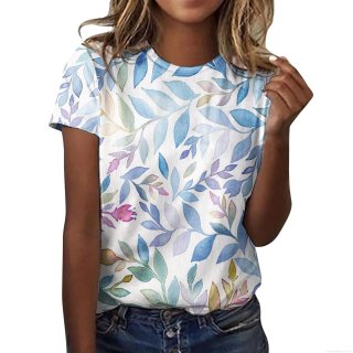 Women's Plus Size Loose Round Neck Short Sleeve T-Shirt Breathable Polyester Top With Colorful Floral Leaf Digital Print For Casual Daily Commute
