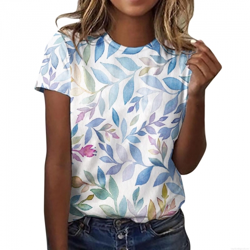 Women's Plus Size Loose Round Neck Short Sleeve T-Shirt Breathable Polyester Top With Colorful Floral Leaf Digital Print For Casual Daily Commute