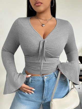 Women's V-Neck T-Shirt Plus Size Flare Sleeve 95% Polyester 5% Elastane Drawstring Ruched Slim Fit Cropped Top For Casual Party Sexy Style