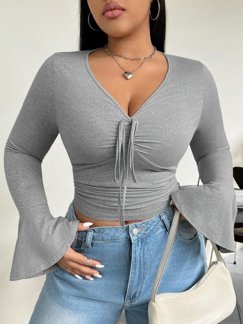Women's V-Neck T-Shirt Plus Size Flare Sleeve 95% Polyester 5% Elastane Drawstring Ruched Slim Fit Cropped Top For Casual Party Sexy Style