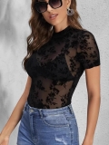 Women Sexy Sheer Mesh T-Shirt Top With Flocking Floral Pattern Short Sleeve Slim Fit Mock Neck Clubwear Party Blouse Ladies Clothing