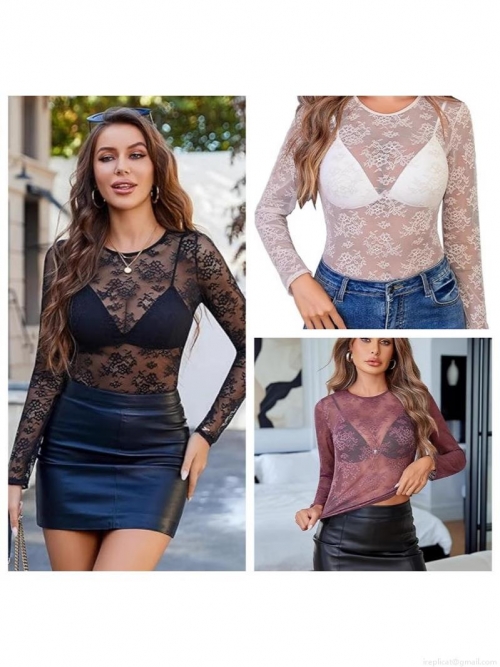 Women's Sexy Floral Lace See Through Mesh Top Round Neck Long Sleeve Transparent Slim Fit Shirt For Party Clubwear Casual Chic Blouse