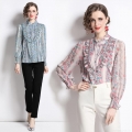 Elegant Women Floral Print Blouse Shirt Vintage Ruffle Stand Collar Long Sleeve Single Breasted Polyester Chiffon Texture Tops For Women Work Party