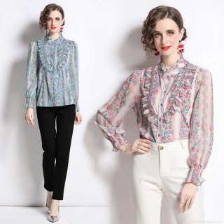 Elegant Women Floral Print Blouse Shirt Vintage Ruffle Stand Collar Long Sleeve Single Breasted Polyester Chiffon Texture Tops For Women Work Party