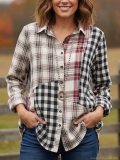 Women's Retro Patchwork Plaid Shirt Polyester Casual Loose Long Sleeve Button Down Blouse Colorblock Lapel Tops For Fall Ladies Fashion