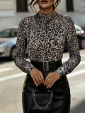 Women's Retro Leopard Print Blouse Mock Neck Lantern Long Sleeve 100% Polyester Pullover Top For Elegant Commuting Ladies Fashion