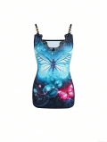 Women's Butterfly Galaxy Print Cami Top With Black Lace V-Neck Gold Metal Chain Straps Slim Fit Sleeveless Vest For Party Summer Casual Streetwear
