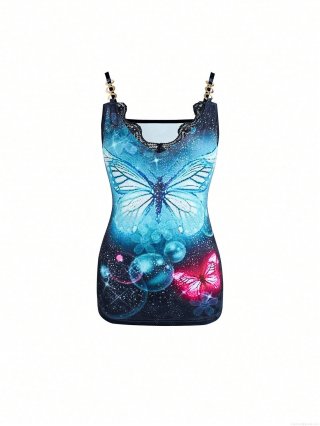 Women's Butterfly Galaxy Print Cami Top With Black Lace V-Neck Gold Metal Chain Straps Slim Fit Sleeveless Vest For Party Summer Casual Streetwear