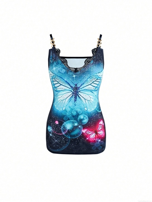 Women's Butterfly Galaxy Print Cami Top With Black Lace V-Neck Gold Metal Chain Straps Slim Fit Sleeveless Vest For Party Summer Casual Streetwear