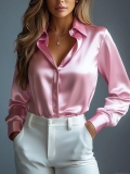 Elegant Women's Pink Satin Long Sleeve Shirt Silky Polyester Lapel Button Down Blouse For Office Casual Commute High Luster Elegant Solid Color Tops