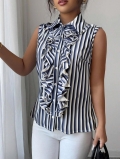 Elegant Women Blue White Striped Sleeveless Blouse Polyester Ruffle Trim Button Down Lapel Shirt Office Commute Summer Top