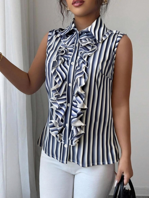 Elegant Women Blue White Striped Sleeveless Blouse Polyester Ruffle Trim Button Down Lapel Shirt Office Commute Summer Top