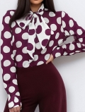 Women Polka Dot V-Neck Bow Tie Ribbon Long Sleeve Blouse Elegant Polyester Office Commute Shirt Wine Red White Large Dots Fashion Top