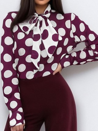 Women Polka Dot V-Neck Bow Tie Ribbon Long Sleeve Blouse Elegant Polyester Office Commute Shirt Wine Red White Large Dots Fashion Top