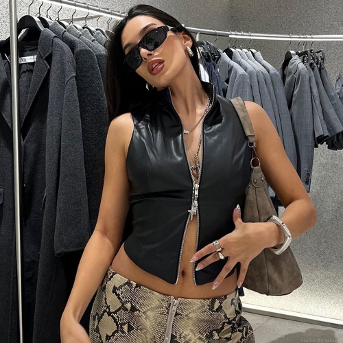 Women Sexy PU Faux Leather Vest Stand Collar Sleeveless Crop Top With Metal Zipper Front Slim Fit Punk Streetwear Clubwear Party Tank Top For Lady
