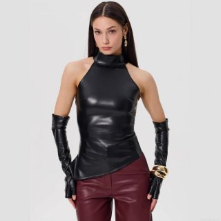 Women's Sexy PU Leather Halter Top Set With Matching Long Sleeves Gloves Off-Shoulder Irregular Hem Slim Fit Tank Top For Club Party Streetwear Faux Leather Top