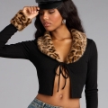 Women's Cropped Cardigan Jacket Faux Fur Leopard Collar Ribbed Knit Lace-up Long Sleeve Sexy Streetwear Slim Fit Top for Fall Winter