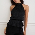 Women Sexy Halter Backless Top Pleated Metallic Silk Polyester Spandex Ribbed Knit Sleeveless Camisole For Party Clubwear Summer Tank Top With Waist Tie