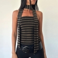 Women's Halter Neck Crop Top Sexy Metallic Lurex Knitted Striped Tube Top With Scarf Backless Slim Fit Streetwear Party Clubwear Sleeveless Vest