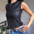 Women Sexy Black Snakeskin Embossed Faux Leather Crop Top Sleeveless Round Neck Slim Fit Tank Top Streetwear Party Clubwear Vest