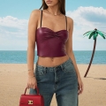 Women Sexy Wine Red PU Leather Ruched Camisole Top Summer Slim Fit Crop Tank Top Y2K Strappy Backless Clubwear Party Vest Top