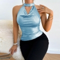 Women's Sexy Metallic Blue Halter Neck Tank Top Backless Shirring Club Party Sleeveless Crop Top Polyester Spandex Blend Shiny Top