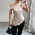 Elegant Women's One Shoulder Satin Top Sleeveless Asymmetrical Ruched Blouse Side Zipper 95% Polyester Champagne Apricot Shirts For Office Party Dating