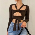 Women's Sexy Hollow Out Crop Top Long Sleeve Square Neck Tie Up T-Shirt Streetwear Skinny Ribbed Top For Party Clubwear Solid Color 95% Polyester 5% Spandex