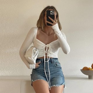 Women Sexy Tie Front Long Sleeve Crop Top Milk Silk Polyester Blend Slim Fit Hollow Out Solid Color Tee For Party Streetwear Clubwear Dating Lady White T-Shirt
