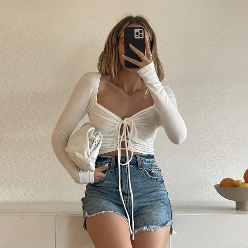 Women Sexy Tie Front Long Sleeve Crop Top Milk Silk Polyester Blend Slim Fit Hollow Out Solid Color Tee For Party Streetwear Clubwear Dating Lady White T-Shirt