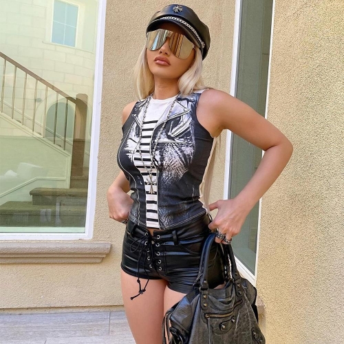 Women's Streetwear Graphic Print Tank Top Polyester Hollow Out Sleeveless Crop Top Sexy Slim Fit Summer Clubwear Vest Fashion Apparel