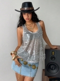 Women's Sexy Silver Sequin Tank Top Loose Fit Sleeveless Round Neck Vest Shiny Party Clubwear Streetwear Camisole Tops For Ladies