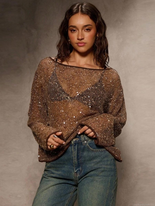 Women Sexy Sequin Hollow Out Mesh Top One Shoulder Long Sleeve Knitwear Pullover For Club Party Streetwear Autumn Winter Bronze Brown Sequin Shirt