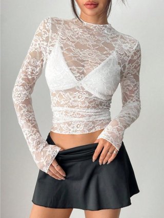 Women's Sexy White Floral Lace Long Sleeve Top Slim Fit See-Through High Neck Blouse For Party Date Elegant Sheer Mesh Shirt