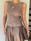 Women's Sleeveless Sequined Tank Top Sparkling Round Neck Slim Fit Blouse For Party Club Night Out Bronze Elegant Shimmering Camisole Vest