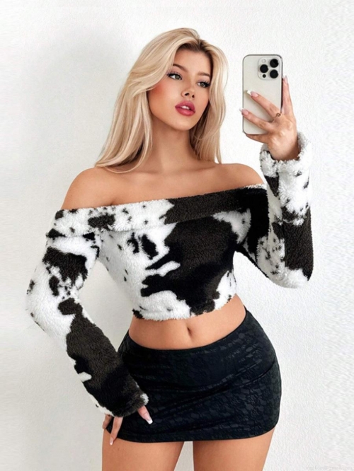 Women's Sexy Cow Print Off Shoulder Long Sleeve Crop Top Faux Fur Polar Fleece Slim Fit Trendy Fall Winter Top For Women