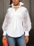 Women Elegant White Hollow Lace Patchwork Long Sleeve Shirt Slim Fit Sexy Lantern Sleeve Button Down Blouse Top Polyester Streetwear Autumn