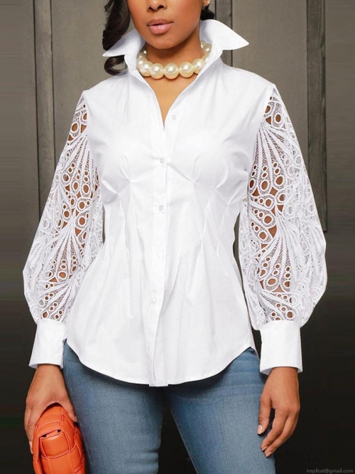 Women Elegant White Hollow Lace Patchwork Long Sleeve Shirt Slim Fit Sexy Lantern Sleeve Button Down Blouse Top Polyester Streetwear Autumn