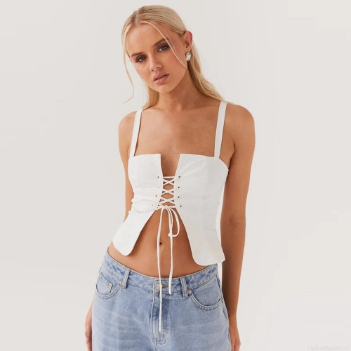Women Sexy Lace-up Crop Tank Top Cotton Blend Adjustable Straps Slim Fit Navel-bearing Sleeveless Camisole Summer Streetwear Clubwear Fashion Top
