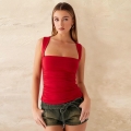 Women's Sexy Square Neck Ruched Tank Top Cropped Sleeveless Polyester Knitted Slim Fit Cami Top For Summer Vacation Streetwear Red