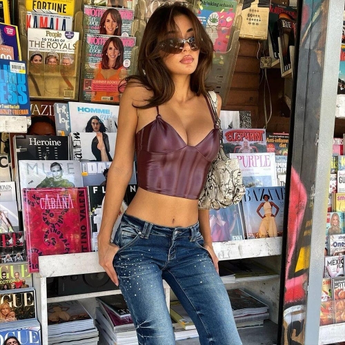 Sexy PU Leather Lace Up Back Cami Top Glossy Cropped Tank Top For Women Y2K Streetwear Clubwear Party V Neck Sleeveless Top